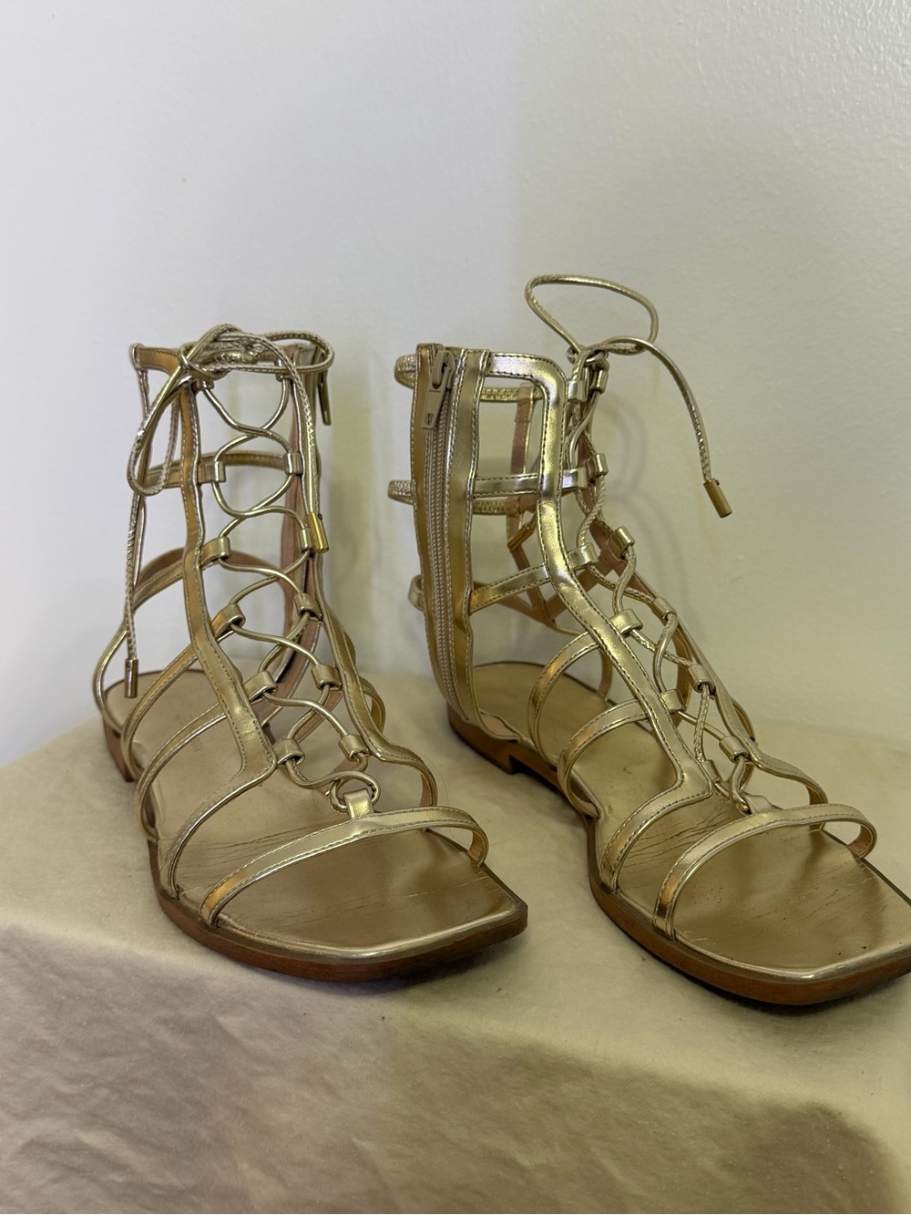 BCBG Lariat Gold Gladiator Lace-Up Sandals for Women Size 8.5